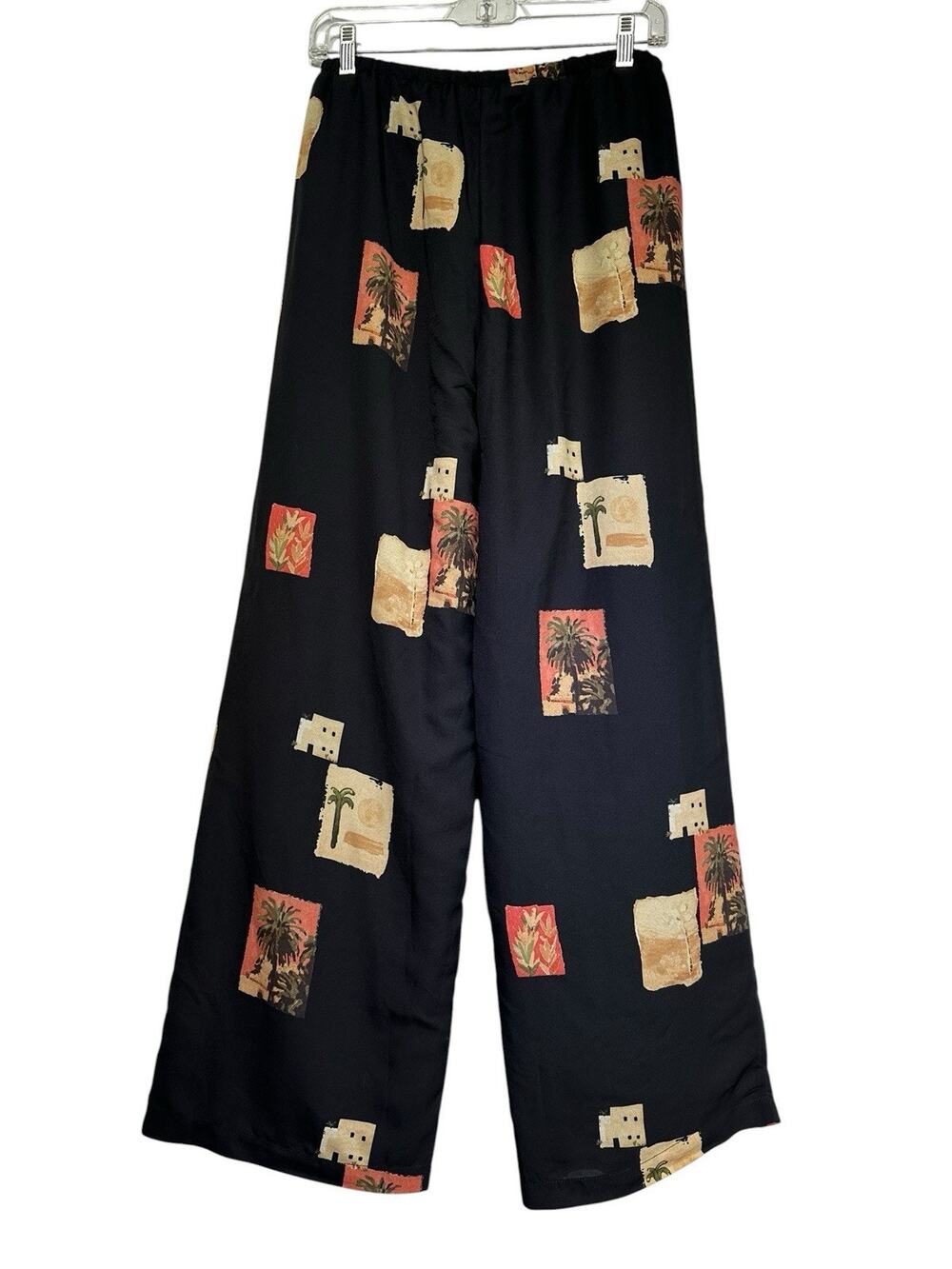Le Reveur Women’s Size S Black Palazzo Pants Tropical Travel Palm Print